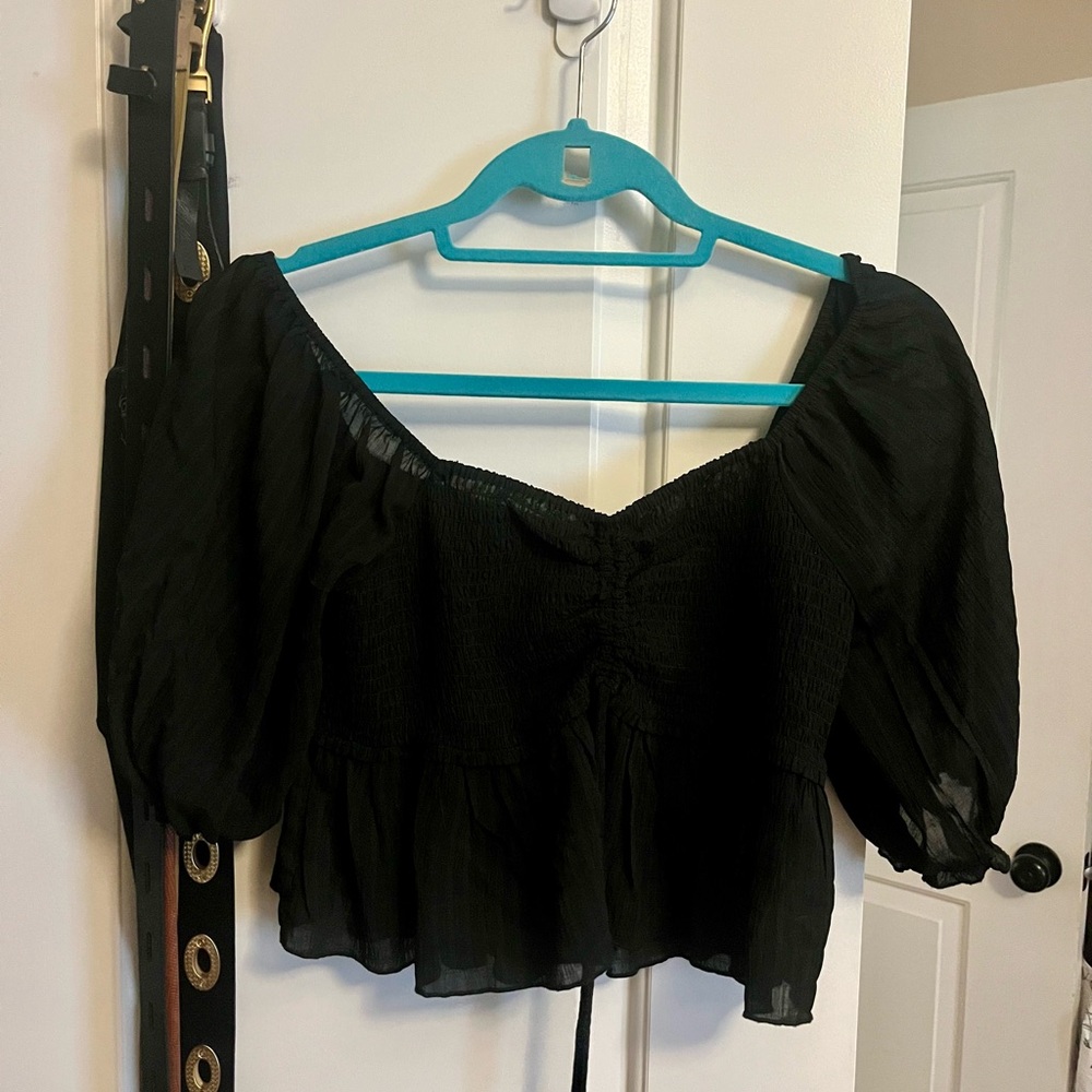 Wayf Black Smocked Off-Shoulder Peasant Blouse